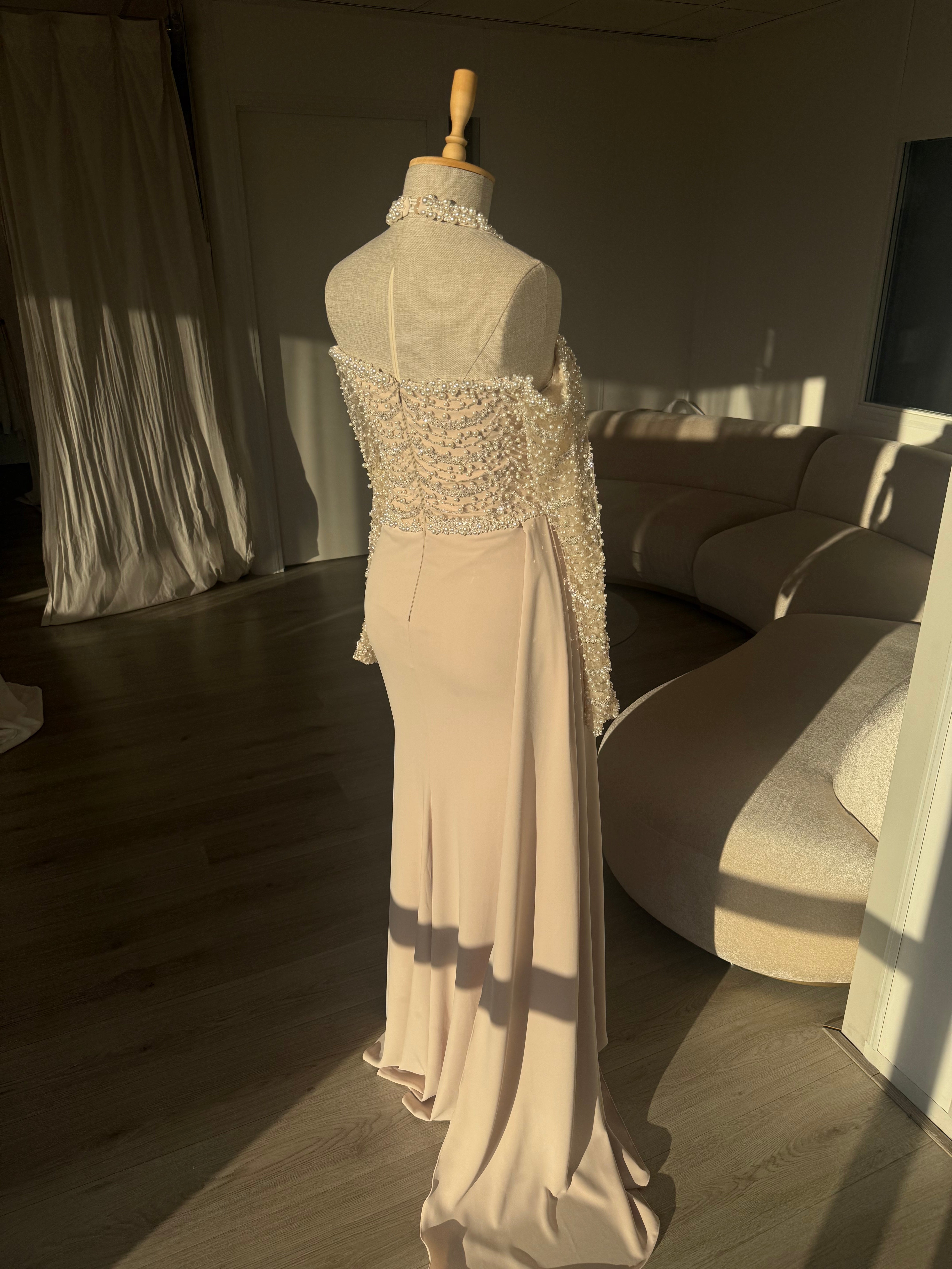 beautiful beige dresses 299-15 CHIARA elegant maxi dress with straps - beige with glitter